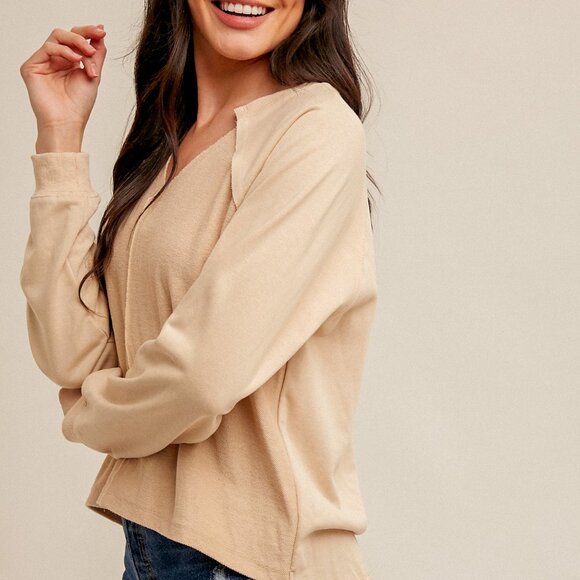 HEM & THREAD Beige Long Sleeve V-Neck Top, Lightweight Casual Neutral Pullover - Picture 2 of 4